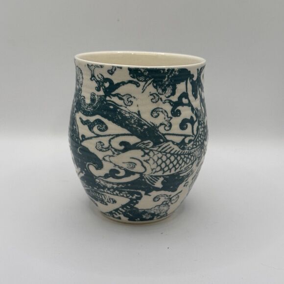 Anthropologie Homegrown Monogram "B" Floral Fish Coffee Mug Cup 14 oz Teal - Picture 4 of 6